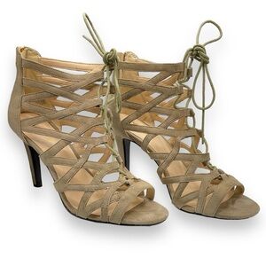 Nine West Authority Peep Toe Cutout Cage Heels Taupe Suede
